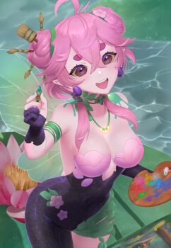 1girl absurdres ahoge bad_link bodysuit breasts colored_sclera colored_skin fairy flower flower_ring froggyloch froggyloch_(vtuber) highres indie_virtual_youtuber leaf_clothing lily_pad official_art orange_hair paint paintbrush paintbrush_hair_ornament pink_hair pink_skin red_eyes snail_shell thighs virtual_youtuber water yellow_sclera