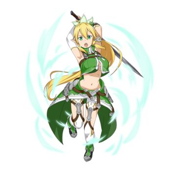 1girl armpits arms_up blonde_hair breasts cleavage crop_top detached_sleeves female_focus floating_hair full_body green_eyes hair_ornament high_ponytail holding holding_sword holding_weapon large_breasts leafa_(sao) long_hair looking_at_viewer midriff navel open_mouth ponytail solo stomach sword sword_art_online sword_art_online:_hollow_realization sword_art_online:_memory_defrag transparent_background very_long_hair weapon white_legwear