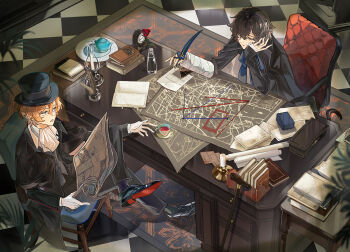 Rule 34 | 2boys, arm cast, ascot, bandage over one eye, bandaged hand, bandages, black coat, black hair, black hat, black pants, black shoes, black socks, blue eyes, book, bungou stray dogs, candle, candlestand, cane, cast, chair, clock, coat, cup, dazai osamu (bungou stray dogs), detective, feather nib pen, figure four sitting, flower, hair between eyes, hashtag-only commentary, hat, highres, holding, holding newspaper, jacket, looking at another, male focus, multiple boys, nakahara chuuya (bungou stray dogs), newspaper, on chair, orange hair, pants, plate, red flower, shoes, short hair, sitting, socks, suit jacket, suyako (suya93), table, teacup, white ascot