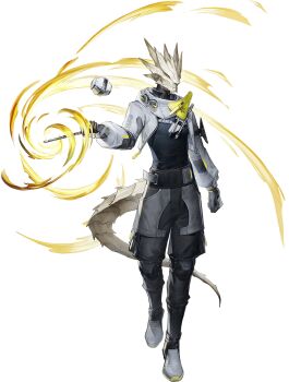 1boy antal_(arknights) arknights arknights:_endfield arm_at_side black_boots black_gloves black_pants black_shirt black_shorts boots closed_mouth cropped_jacket full_body furry furry_male gloves grey_boots grey_gloves hand_up high_collar highres holding holding_wand jacket knee_pads liduke lizard_tail long_sleeves looking_at_viewer male_focus multicolored_gloves official_art pants pouch reptile_boy scales shirt shorts shrug_(clothing) simple_background solo standing tail transparent_background two-tone_gloves walking wand