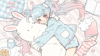 1girl blue_hair blue_shirt blue_shorts blush_stickers chocolate_chip_cookie closed_mouth commentary commission cookie cowboy_shot cup dot_nose food frilled_sleeves frills gradient_hair highres indie_virtual_youtuber long_hair long_sleeves looking_at_viewer moi03_moi08 mug multicolored_hair pink_hair pink_socks plate polka_dot polka_dot_shirt polka_dot_shorts red_eyes shirt shorts sidelocks skeb_commission smile socks solo striped_clothes striped_socks symbol-only_commentary twintails virtual_youtuber watermark yukishiro_mizore