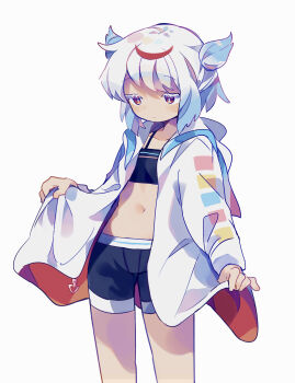 1girl :| absurdres black_bra black_shorts blue_hair blue_jacket blush bra closed_mouth collarbone cowboy_shot dot_nose double_bun ekami_gumi_(uenomigi) flat_chest hair_bun highres holding holding_jacket holding_unworn_clothes jacket light_blush long_sleeves looking_down midriff multicolored_hair multicolored_jacket navel open_clothes open_jacket original red_eyes red_hair red_jacket short_hair shorts simple_background square standing streaked_hair striped_bra striped_clothes swimsuit thighs uenomigi underwear unworn_jacket white_background white_hair white_jacket yellow_jacket