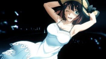 1girl armpits arms_up black_bow black_ribbon bow breasts brown_hair brown_hat cleavage collarbone dress female_focus green_hair hat highres ichinose_touko large_breasts long_skirt looking_at_viewer medium_hair no_bra one_eye_closed open_mouth ribbon sexually_suggestive skirt smile solo solo_focus straw_hat sundress taboo_tattoo teeth upper_teeth_only white_dress white_skirt