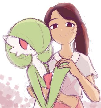 2girls absurdres arm_around_waist artist_self-insert averting_eyes backlighting bella_(bellavoirr) bellavoirr bob_cut brown_eyes brown_hair closed_mouth collarbone colored_skin dark-skinned_female dark_skin dot_mouth female_focus flat_chest gardevoir gen_3_pokemon green_hair green_skin grey_shirt hair_over_one_eye half-closed_eyes hand_up happy highres holding_hands hug interlocked_fingers long_hair looking_at_viewer looking_to_the_side matching_hair/eyes multicolored_skin multiple_girls nintendo original pleated_skirt pokemon pokemon_(creature) pokephilia ponytail red_eyes red_skirt shirt short_hair short_sleeves simple_background sketch skirt smile standing two-tone_skin upper_body white_background white_skin yuri