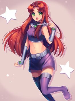 1girl :d arm_at_side artist_name bare_shoulders belt breasts brown_background colored_sclera commentary crop_top cropped_shirt curtained_hair dark-skinned_female dark_skin dc_comics drop_shadow elbow_gloves english_commentary fingerless_gloves foot_out_of_frame gem gloves green_eyes green_gemstone green_sclera grey_belt grey_gloves hand_up highres light_particles long_hair long_sidelocks looking_at_viewer midriff miniskirt open_mouth outline pencil_skirt purple_shirt purple_skirt red_hair sasucchi95 shirt sidelocks simple_background skirt sleeveless sleeveless_shirt small_breasts smile solo sparkle standing standing_on_one_leg star_(symbol) star_symbol_background starfire tareme teen_titans teeth tongue upper_teeth_only very_long_hair white_outline