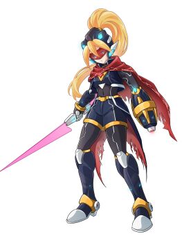 1girl absurdres alternate_costume arm_cannon armored_boots armored_gloves assault_visor belt biometal blonde_hair blue_eyes body_armor bodystocking boots breasts chest_jewel ciel_(mega_man) coattails commission commissioner_upload covered_navel cropped_jacket dynamo_(mega_man) energy_sword eyelashes forehead_jewel full_body gloves helmet high_heel_boots high_heels highres holding holding_sword holding_weapon knee_boots long_bangs long_hair mechanical_ears mega_man_(series) mega_man_zero_(series) mega_man_zx non-web_source petite poncho ponytail shorts sleeveless sleeveless_jacket small_breasts sword thighs transparent_background uta_guipiy weapon