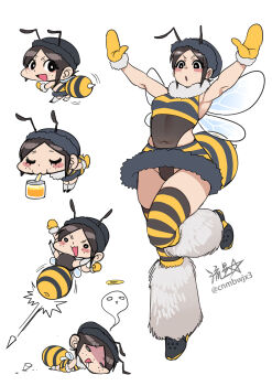 1girl antennae arthropod_girl bee_girl black_eyes black_hair black_hat blush_stickers boots breasts chibi commentary covered_navel drinking freckles fur-trimmed_boots fur-trimmed_leotard fur-trimmed_skirt fur_trim giving_up_the_ghost hat highleg highleg_leotard highres honey insect_girl insect_wings leotard miniskirt mittens o_o original ryuusei_(mark_ii) see-through_clothes see-through_leotard signature skirt small_breasts stinger striped_clothes striped_leotard striped_skirt striped_thighhighs thighhighs twitter_username wings yellow_mittens