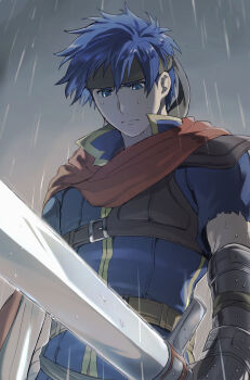 1boy blue_eyes blue_hair cape closed_mouth commentary_request fire_emblem fire_emblem:_path_of_radiance headband highres holding holding_sword holding_weapon ike_(fire_emblem) male_focus mimummom nintendo rain red_cape short_hair solo sword weapon