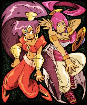 2girls arabian_clothes armlet bandeau big_hair bracelet bracer breasts choker circlet cleavage closed_mouth dark-skinned_female dark_skin earrings female forehead_jewel full_body harem_pants high_ponytail hoop_earrings jewelry large_breasts long_hair medium_breasts midriff mr.whatshisname multiple_girls navel pants pink_hair pointy_ears ponytail purple_hair red_footwear red_pants sandals shahra shantae shantae_(series) smile sonic_(series) sonic_and_the_secret_rings tiara vambraces very_long_hair