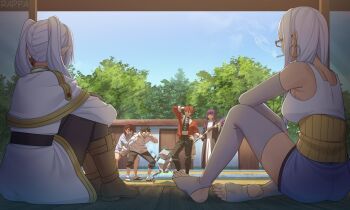 1girl 2boys 4girls ayase_momo ayase_seiko bare_shoulders boots breasts brown_hair cigarette dandadan dress earrings elf fern_(sousou_no_frieren) frieren glasses golem hand_on_own_hip hands_on_eyewear highres holding holding_staff hoop_earrings jewelry large_breasts long_hair long_sleeves mature_female multiple_boys multiple_girls outdoors pointy_ears purple_hair rappa_(sirrappa) scratching_head sky smoking sousou_no_frieren staff stark_(sousou_no_frieren) takakura_ken_(dandadan) thighhighs tree twintails white_hair