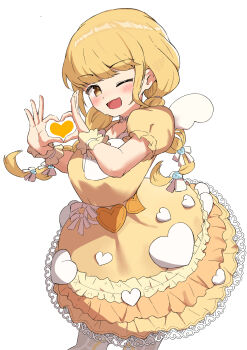1girl ;d absurdres blonde_hair braid commentary_request dress fang feet_out_of_frame four-finger_heart_hands fujita_kotone gakuen_idolmaster hair_ribbon heart heart_hands heart_in_heart_hands heart_ornament highres idolmaster looking_at_viewer nonii_(n02xi) one_eye_closed open_mouth puffy_short_sleeves puffy_sleeves ribbon short_sleeves simple_background skin_fang smile solo twin_braids white_background white_ribbon white_wings wings yellow_dress yellow_eyes