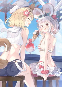 Rule 34 | 2girls, ^ ^, absurdres, animal ears, ass, back, beret, bikini, blonde hair, blue shorts, blush, braid, cherry, closed eyes, cloud, dog ears, dog tail, erune, eyewear on head, feeding, flower, food, food on face, from behind, fruit, granblue fantasy, hair flower, hair ornament, hat, highres, holding, holding ice cream cone, ice cream, ice cream cone, looking at another, mouse ears, multiple girls, profile, red eyes, sailor collar, shaved ice, short hair, shorts, sitting, skirt, sky, star-shaped eyewear, star (symbol), stool, striped bikini, striped clothes, sunglasses, swimsuit, tail, ukiwakisen, vajra (granblue fantasy), vajra (summer) (granblue fantasy), vikala (blooming summer wallflower) (granblue fantasy), vikala (granblue fantasy), wavy mouth, white hair, white sailor collar, white skirt