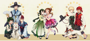 10s 2girls 5boys asui_tsuyu bakugou_katsuki blue_hanbok boku_no_hero_academia chinese_new_year chinese_zodiac closed_eyes dog gat_(hat) green_robe hanbok hat highres holding holding_unworn_clothes holding_unworn_hat iida_tenya kirishima_eijirou korean_clothes lowah midoriya_izuku multiple_boys multiple_girls one_eye_closed robe todoroki_shoto unworn_hat unworn_headwear uraraka_ochako