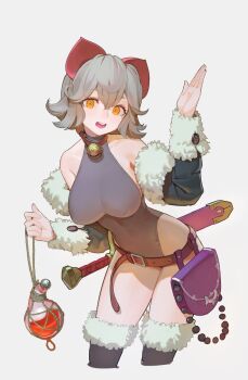 bare_shoulders bell belt belt_bag black_leotard black_thighhighs breasts collar covered_erect_nipples cowboy_shot cropped_legs detached_sleeves flask fur_trim grey_hair hair_between_eyes halterneck hand_up highleg highleg_leotard highres holding jingle_bell large_breasts leaning_forward leotard liquid looking_at_viewer medium_hair neck_bell open_mouth original potion purple_bag retort sheath sheathed solo sword thighhighs timbougami weapon yellow_eyes