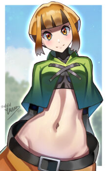 1girl arms_behind_back belt black_hair blue_sky blush border breasts capelet cargo_shorts facing_viewer gardenia_(pokemon) groin medium_breasts midriff multicolored_hair navel orange_eyes orange_hair outdoors pokemon pokemon_diamond/pearl/platinum short_hair shorts sky smile solo tree two-tone_hair undershirt upper_body white_border wide_hips yasu_suupatenin