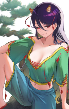1girl blue_shorts bonsai breasts cleavage collarbone cone_horns feet_out_of_frame food_print fruit_print grape_print green_shirt highres horn_ornament horn_ribbon horns long_hair looking_to_the_side medium_breasts navel nippaku_zanmu plant purple_hair red_eyes red_ribbon rh_thunderriver ribbon shirt short_sleeves shorts smile solo touhou vine_print white_background yellow_horns