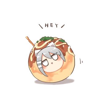 :d blank_eyes blush bow chibi english_text food grey_hair hair_between_eyes hair_bow higuchi_kaede in_food jitome kaede-chan_(higuchi_kaede) looking_at_viewer mini_person minigirl mito_and_kaede mole mole_under_eye nijisanji open_mouth rebecca_(keinelove) shadow simple_background smile takoyaki virtual_youtuber white_background white_bow