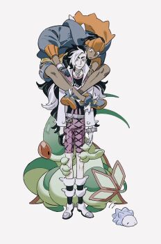 2boys belt black_hair blue_hoodie blue_shorts bracelet claws closed_mouth dark-skinned_male dark_skin earrings flygon frown gen_3_pokemon gen_8_pokemon hashtag-only_commentary headband highres hood hood_down hoodie jewelry long_hair long_sleeves male_focus molymes multicolored_hair multiple_boys nintendo orange_headband piercing piers_(pokemon) pokemon pokemon_(creature) pokemon_swsh raihan_(pokemon) red_eyes scared shoes short_hair shorts simple_background snom standing stud_earrings white_background white_belt white_hair wide-eyed