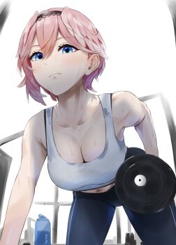 1girl all_fours armpit_crease black_hairband blue_eyes blue_pants blurry blurry_background breasts cleavage collarbone commentary_request crop_top exercising eyelashes feet_out_of_frame gym hair_between_eyes hairband highres hololive indoors large_breasts looking_at_viewer medium_hair navel pants pink_hair sidelocks solo sweat sweatdrop takane_lui tank_top virtual_youtuber weightlifting white_tank_top yoga_pants zote_illust