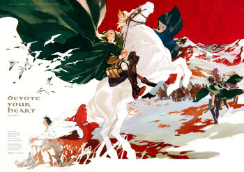 absurdres bird blonde_hair brown_hair cape commentary english_commentary erwin_smith glasses green_cape hange_zoe highres horseback_riding mountain paradis_military_uniform riding shingeki_no_kyojin short_hair tixili white_horse