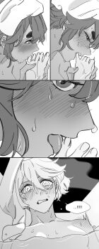 ! 2girls absurdres biting_another&#039;s_foot blush breasts commentary_request embarrassed greyscale gundam gundam_suisei_no_majo highres kissing_foot korean_commentary licking licking_foot long_hair looking_at_another miorine_rembran monochrome multiple_girls onsen partially_submerged small_breasts snapagi spoken_exclamation_mark steam suletta_mercury thick_eyebrows tongue tongue_out towel towel_on_head water wet yuri