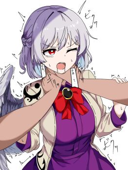 1boy 1girl asphyxiation blush bow braid breasts brooch collared_shirt feathered_wings grabbing_another's_arm hair_between_eyes half_up_braid hands_up highres hip_focus jacket japanese_text jewelry kishin_sagume large_breasts long_sleeves looking_at_another looking_to_the_side nose one_eye_closed open_mouth purple_shirt red_bow red_eyes ryona saliva shirt short_hair single_wing skirt standing strangling sweat brown_jacket tateno_a tears teeth touhou upper_teeth_only white_background white_wings wings