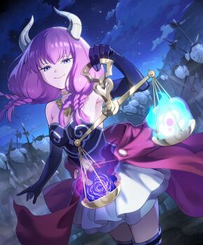 1girl aura_(sousou_no_frieren) bare_shoulders black_bustier black_gloves blue_eyes braid breasts bustier clothing_cutout demon_girl demon_horns elbow_gloves gloves holding_scale horns large_breasts layered_skirt long_hair looking_at_viewer multiple_braids navel navel_cutout night non-web_source official_art pink_hair pleated_skirt shadowverse shadowverse:_worlds_beyond skirt smile solo sousou_no_frieren weighing_scale white_skirt