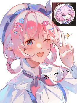 1girl ;o beret blue_eyes commentary cyrene_(aedes_elysiae)_(honkai:_star_rail) cyrene_(honkai:_star_rail) dress hat honkai:_star_rail honkai_(series) looking_at_viewer official_alternate_costume one_eye_closed open_mouth pink_hair pointy_ears reference_inset short_hair simple_background solo soupcari teeth twitter_username upper_body upper_teeth_only v white_background white_dress