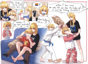 1boy 1other 2girls absurdres angry arguing arthur_(popopoka) barefoot belt black_socks blonde_hair blue_belt blue_eyes bullying cat_baguette_(popopoka) commentary couch crossed_ankles crying dougi english_commentary erika_(popopoka) evil_grin evil_smile face_stretching fourth_wall grabbing_another's_face grin hand_on_another's_head head_grab heart highres holding_another's_wrist hypocrisy looking_at_another looking_at_viewer mimi_(popopoka) multiple_girls multiple_scars open_mouth original pacifier pajamas pillow pink_pajamas popopoka rainbow_flag scar short_shorts shorts shouting siblings slippers smile socks speech_bubble spoken_heart talking