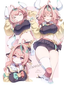 >_< 1girl ahoge animal_ears bike_shorts bike_shorts_under_skirt braid breasts character_name cow_ears cow_horns ear_bell genshin_impact hairband highres horns large_breasts long_hair midriff miniskirt navel pink_hair pumu_(pumu_co29) purple_eyes signature single_thighhigh skirt thighhighs twin_braids varesa_(genshin_impact)