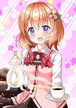 1girl blush coffee coffee_mug coffee_pot cup flower gochuumon_wa_usagi_desu_ka? hair_flower hair_ornament hairclip hoto_cocoa mug open_mouth orange_hair pink_vest purple_eyes rabbit_house_uniform ribbon short_hair skirt smile solo vest yu-ka0919