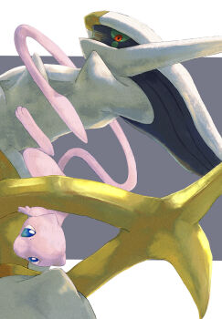 a_ferox arceus blue_eyes closed_mouth colored_sclera commentary_request gen_1_pokemon gen_4_pokemon green_sclera grey_background highres legendary_pokemon looking_back mew_(pokemon) mythical_pokemon nintendo no_humans pokemon pokemon_(creature) red_eyes spikes tail_around_neck