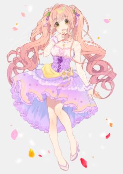 1girl bare_shoulders bead_bracelet beads belly_chain blush bow bracelet breasts brown_eyes cleavage collarbone detached_sleeves dot_nose dress falling_petals floating_hair flower frilled_dress frills full_body glass_slipper grey_background hair_bow hair_ribbon hand_up idolmaster idolmaster_cinderella_girls idolmaster_cinderella_girls_starlight_stage jewelry kurotea large_breasts long_hair long_sleeves looking_at_viewer necklace open_mouth petals pink_flower pink_hair purple_dress purple_ribbon ribbon saionji_kotoka sash see-through_clothes see-through_sleeves smile solo standing standing_on_one_leg strapless strapless_dress thick_eyebrows twintails yellow_sash