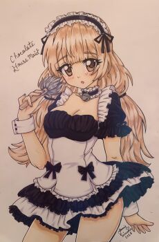 1girl 2018 absurdres apron bell black_bow black_choker black_dress black_hairband black_ribbon blonde_hair blunt_bangs bow bow_apron breasts brown_eyes buttons chocolate_housemaid_(miracle_nikki) choker cleavage commentary cowboy_shot dot_nose dress duster english_commentary eyelashes feather_duster frilled_apron frilled_choker frilled_dress frilled_hairband frilled_sleeves frills hair_ribbon hair_tie hairband highres holding holding_duster light_blush lolita_hairband long_hair looking_at_viewer loose_hair_strand low_twintails maid miracle_nikki neck_bell nikki_(series) open_mouth puffy_short_sleeves puffy_sleeves ribbon short_dress short_sleeves signature sleeve_ribbon solo standing tareme thighs traditional_media twintails very_long_hair white_apron white_wrist_cuffs wrist_cuffs yamisaan
