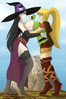 2girls absurdres bare_shoulders between_breasts black_hair blonde_hair blue_eyes breast_press breasts cloud cosplay dragon&#039;s_crown elf_(dragon&#039;s_crown)_(cosplay) giant giantess glasses hat highres huge_breasts long_hair multiple_girls person_between_breasts ponytail sky smile sorceress_(dragon&#039;s_crown)_(cosplay) standing symmetrical_docking thighhighs tkckrys