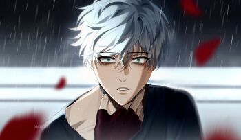 Rule 34 | 1boy, absurdres, alien stage, artist name, black shirt, commentary, english commentary, fingerless gloves, gloves, green eyes, grey hair, hand on own neck, highres, male focus, parted lips, petals, rain, red gloves, red petals, shirt, short hair, signature, solo, till (alien stage), very short hair, xnighten