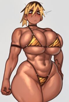 absurdres animal_print bikini black_hair blonde_hair blush breast_press breasts hand_on_own_hip highleg highleg_bikini highres huge_breasts kelvin_hiu large_breasts muscular muscular_female navel original print_bikini skindentation strap swimsuit tan thick_thighs thighs tiger_print