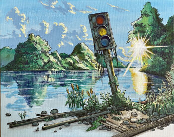 abandoned absurdres acrylic_paint_(medium) blue_sky cloud commentary_request dated_commentary foliage highres monitor morning nature no_humans original overgrown painting_(medium) reeds reflection reflective_liquid river sky sun sunrise traditional_media traffic_light water yousonn
