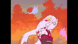 1990s_(style) 1girl animated bell dual_wielding fangs hair_bell hair_bun hair_ornament holding holding_sword holding_weapon hololive hololive_alternative horns japanese_clothes jumping katana kimono moon nakiri_ayame nakiri_ayame_(1st_costume) open_mouth retro_artstyle side_bun single_side_bun skin-covered_horns solo_focus spirit summoning sword umi_(kaioekaki) video virtual_youtuber weapon white_hair