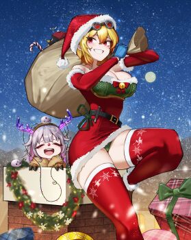 Rule 34 | 2girls, :d, absurdres, animal costume, antlers, blonde hair, boots, box, breasts, center-flap bangs, chimney, cleavage, closed eyes, commentary, detached sleeves, double-parted bangs, dress, framed breasts, full moon, fur-trimmed boots, fur-trimmed dress, fur-trimmed headwear, fur-trimmed leotard, fur-trimmed sleeves, fur trim, gift, gift box, glance, goggles, goggles on head, green leotard, grey hair, grin, hair between eyes, hair flaps, hat, highres, holding, holding sack, hololive, hololive english, hololive indonesia, horns, kaela kovalskia, koseki bijou, large breasts, leotard, leotard under clothes, moon, multiple girls, night, open mouth, outdoors, pebble (koseki bijou), pink hair, pom pom (clothes), print leotard, print thighhighs, purple hair, radi (pixiv 88192217), red-tinted eyewear, red dress, red eyes, red hat, red thighhighs, reindeer costume, sack, santa costume, santa dress, short dress, sitting, sleeveless, sleeveless dress, smile, snowflake print, snowing, strapless, strapless dress, thighhighs, tinted eyewear, virtual youtuber