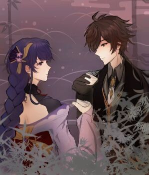 Rule 34 | 1boy, 1girl, back bow, bow, bridal gauntlets, brown hair, chinese clothes, closed mouth, commentary, couple, cup, earrings, from side, genshin impact, hair ornament, highres, holding, holding cup, japanese clothes, jewelry, looking at another, looking down, looking up, off shoulder, outdoors, plant, purple background, purple eyes, purple hair, raiden shogun, sixiao45254078, upper body, zhongli (genshin impact)