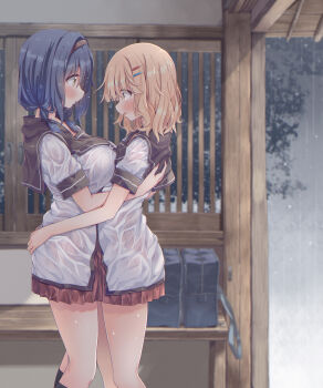 2girls blonde_hair blue_hair blush braid breasts brown_eyes brown_sailor_collar commentary_request dress furutani_himawari hair_ornament hairband hairclip highres large_breasts long_hair multiple_girls nanamori_school_uniform oomuro_sakurako open_mouth parallel_hairclips rain sailor_collar sailor_dress school_uniform see-through_clothes serafuku short_hair short_sleeves small_breasts takahero twin_braids wet wet_clothes yuri yuruyuri