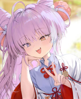 1girl ahoge blue_eyes blue_shirt bow bowtie collared_shirt commentary cone_hair_bun double_bun dutch_angle fang hair_bun hair_ornament hair_rings hand_on_own_cheek hand_on_own_face hands_up heterochromia highres japanese_clothes kosode long_hair long_sleeves miko open_mouth pink_pupils pom_pom_(clothes) pom_pom_hair_ornament purple_hair red_bow red_bowtie shirt smile stellive tenko_shibuki upper_body v virtual_youtuber wide_sleeves wing_collar wispy_bangs yangsongihand yellow_eyes yellow_pupils