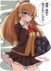 Rule 34 | 1girl, absurdres, bag, blazer, bow, bowtie, brown cardigan, brown hair, brown jacket, brown skirt, cardigan, character name, collared shirt, cowboy shot, dress shirt, frilled skirt, frills, green eyes, grin, highres, jacket, kantai collection, kitahama (siroimakeinu831), kumano (kancolle), kumano kai ni (kancolle), long hair, looking at viewer, one-hour drawing challenge, pleated skirt, red bow, red bowtie, school bag, school uniform, shirt, skirt, smile, solo, text background, twitter username, v, white background, white shirt