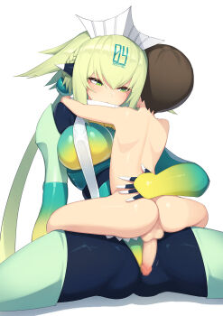 1boy 1girl age_difference android arm_support bodysuit bombergirl breasts censored clothed_female_nude_male completely_nude emera_(bombergirl) erection green_eyes green_hair head_tilt hetero highres hug large_breasts leaning_back mosaic_censoring nude onee-shota penis pepper0 robophilia robot robot_ears robot_girl shota simple_background spread_legs testicles white_background