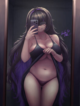 1girl absurdres artist_name black_dress black_hair black_panties breasts cellphone cleavage clothes_lift colored_inner_hair commentary_request dandelion_yarn dress dress_lift glasses goddess_of_victory:_nikke highres holding holding_phone label_(nikke) large_breasts lifting_own_clothes long_hair messy_hair mirror mirror_selfie multicolored_hair navel panties phone purple_hair selfie smartphone solo stomach thighs two-tone_hair underboob underwear very_long_hair