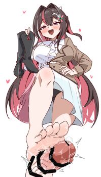 1girl azki_(hololive) barefoot blush boots brown_hair feet footjob fumitonkatsu hand_on_own_hip highres hololive long_hair looking_at_viewer mole mole_under_eye multicolored_hair open_mouth panties pantyshot precum purple_eyes red_hair soles streaked_hair toes two-tone_hair underwear unworn_boots upskirt