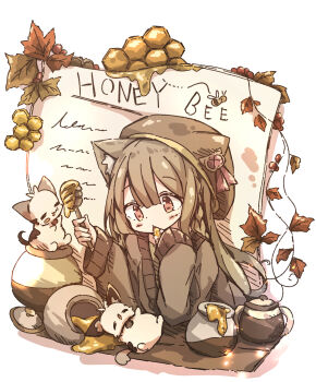 1girl animal_ears bee brown_cardigan brown_hair brown_hat bug cardigan cat cat_ears cat_girl chipie_0114 commentary hat highres holding honey honey_dipper honeycomb_(object) honeypot insect long_hair long_sleeves original upper_body