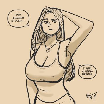 Rule 34 | 1girl, breasts, brimerry, camisole, cleavage, collarbone, covered erect nipples, earrings, english text, hand on own head, highres, jewelry, large breasts, lips, long hair, monochrome, morgane (morgane the enchantress), morgane the enchantress, necklace, original, signature, simple background, skirt, solo, speech bubble, tank top