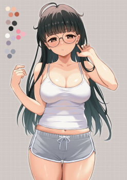 1girl black_hair breasts camisole commentary_request dolphin_shorts glasses grey_background grey_shorts highres large_breasts looking_at_viewer original round_eyewear shorts simple_background solo thighs tsuruyama_(tenten)